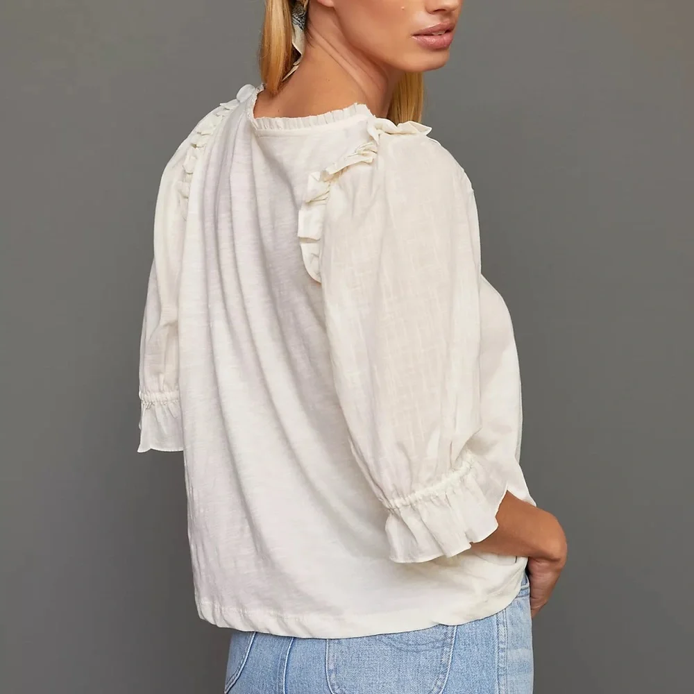 By Anthropologie Smocked Puff Sleeve Knit Top‎ 100% Cotton Cream Blouse Size M